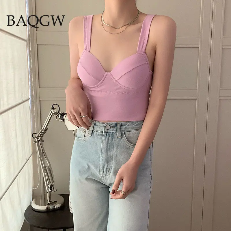 Korean Style Solid Padded Crop Top Women Sexy V Neck Beautiful Sleeveless Push Up Bra Comfortable Summer Basic Tank Top Camis