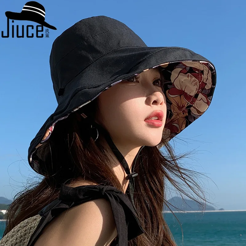 

Spring Summer Double-sided Wear Large Brim Fisherman's Hat Women Cotton Breathable Sun Hat Korea Outdoor Sunscreen Sun Hat