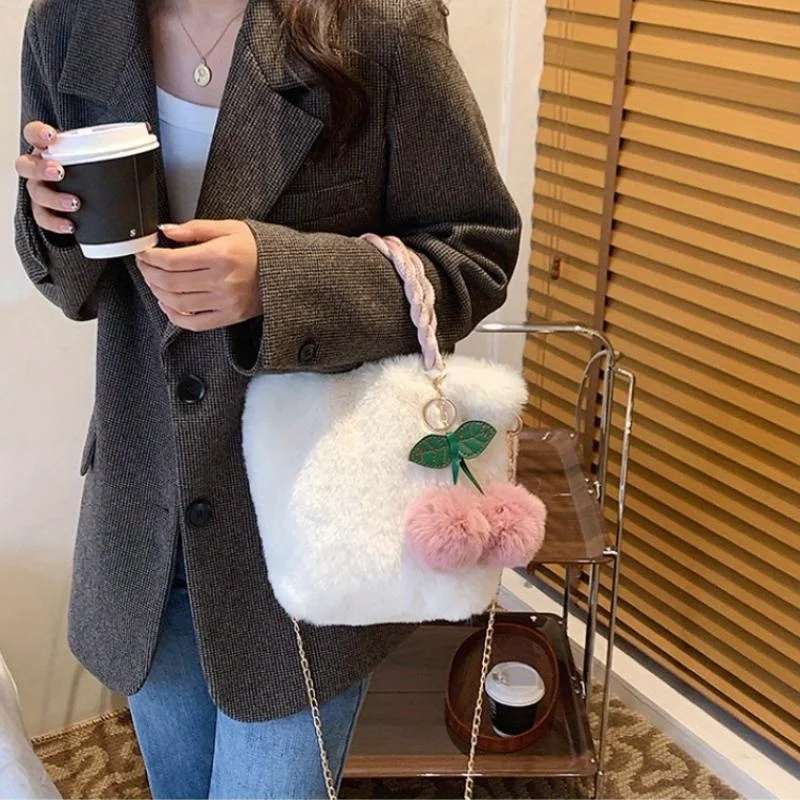 Cute Cherry Pattern Plush Bucket Tote Bag For Women 1Pcs Fluffy Soft Shoulder Handbag Winter Warm Fashion Casual Ladies Purse