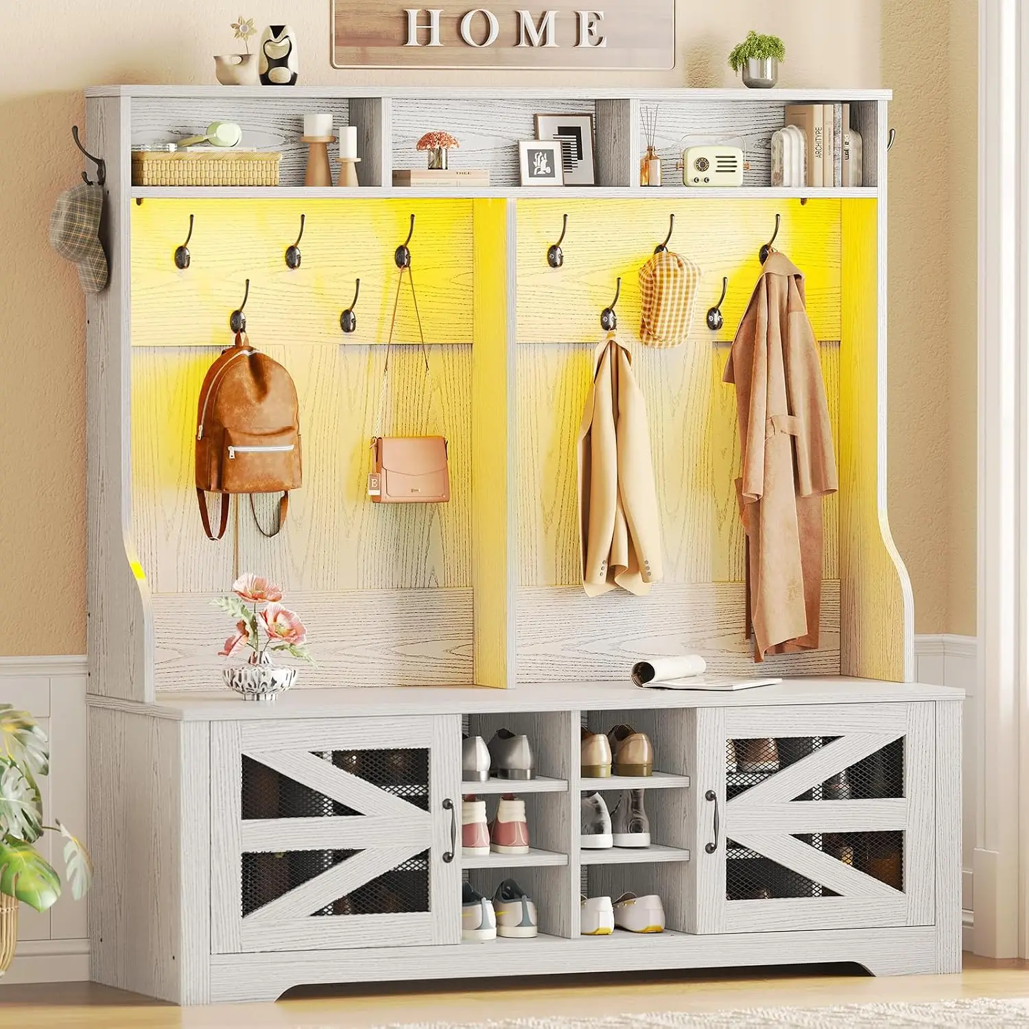 5-in-1 Hall Tree with Bench & Shoe Storage, 16 Cubbies & 12 Coat Hooks, Barn Door & Adjustable Shelf, Customized