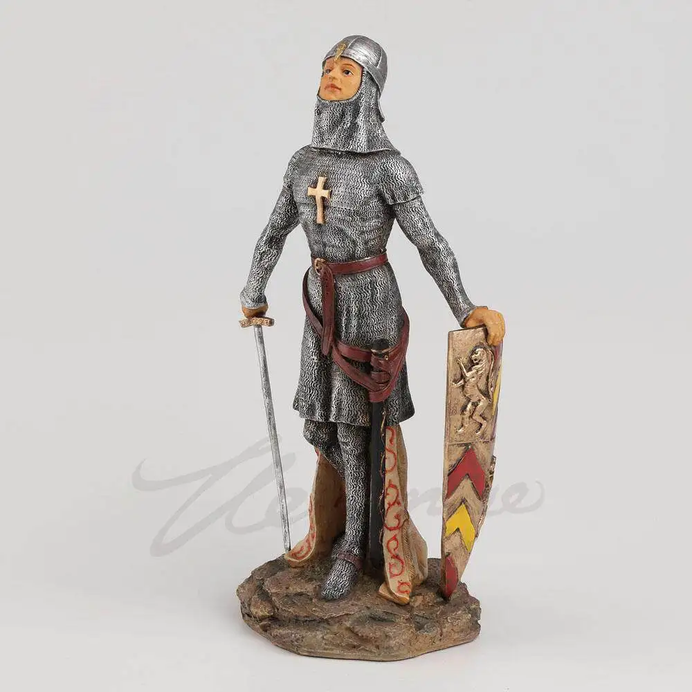 Medieval Templar Knight Resin Statue Crusader Warrior Figurine with Sword and Shield Chainmail Armor Home Decor Collectible Gift