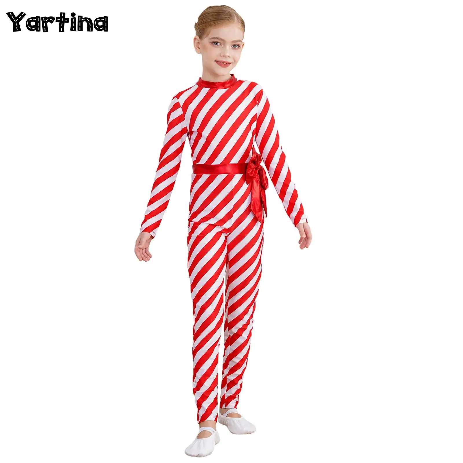 

Kids Girls Xmas Candy Cane Striped Christmas Cosplay Costume Long Sleeve Bow-knot Gymnastics Unitards Jumpsuit Ballet Dancewear