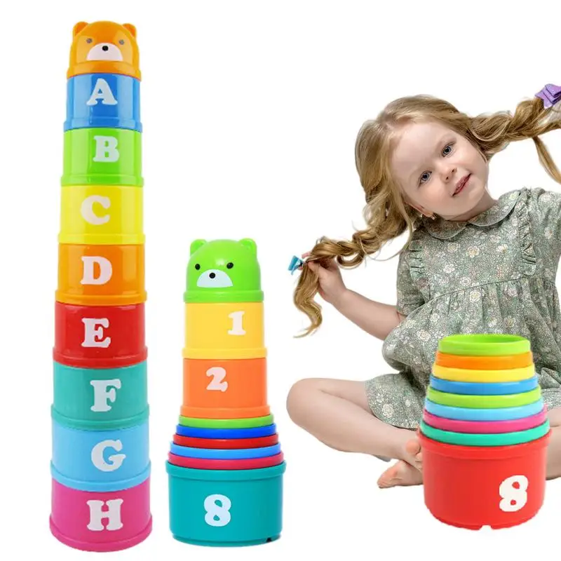Stacking Cups Toy Early Educational Figures Letters Folding Stack Cup Tower Rainbow Cups Stacking Tower Montessori Toys for Kids