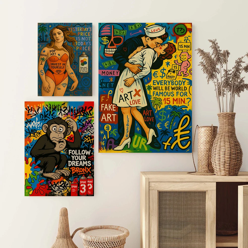 Pop Art Style Kiss Canvas Prints, Urban Graffiti Monkey Poster, Follow Your Dreams Canvas Wall Art, Street Art Wall Decoration