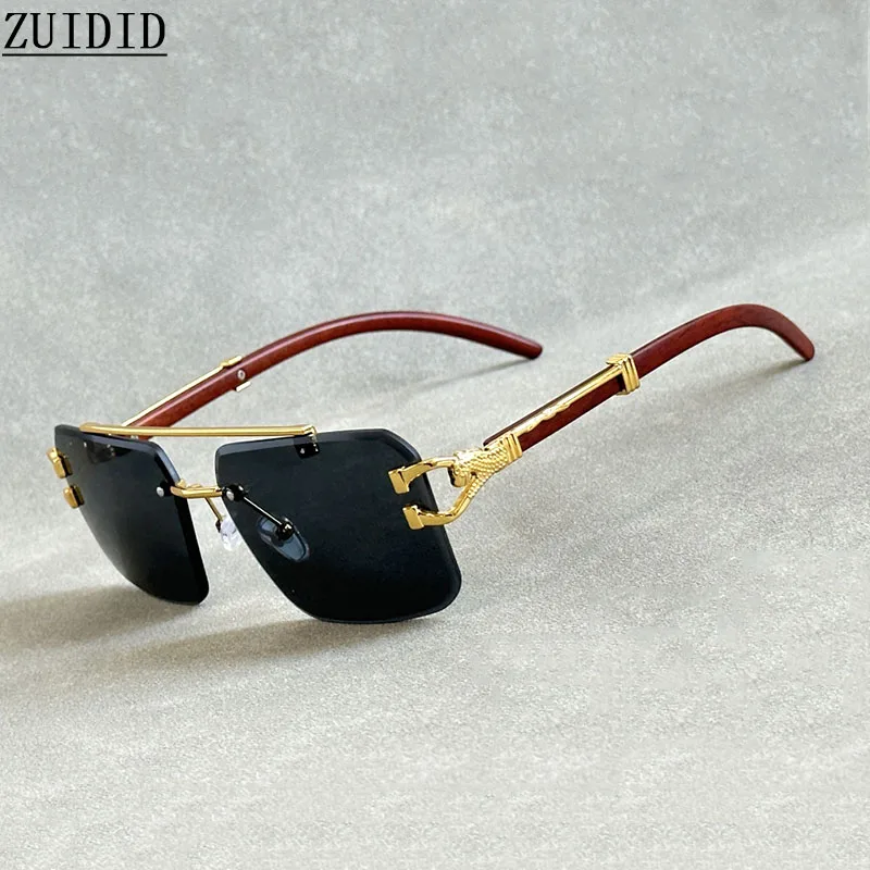 Designer Sunglasses Men Wooden Fashion Glasses Square Rimless Sunglasses Women Vintage Gafas De Sol Hombre Lunette Soleil Femme