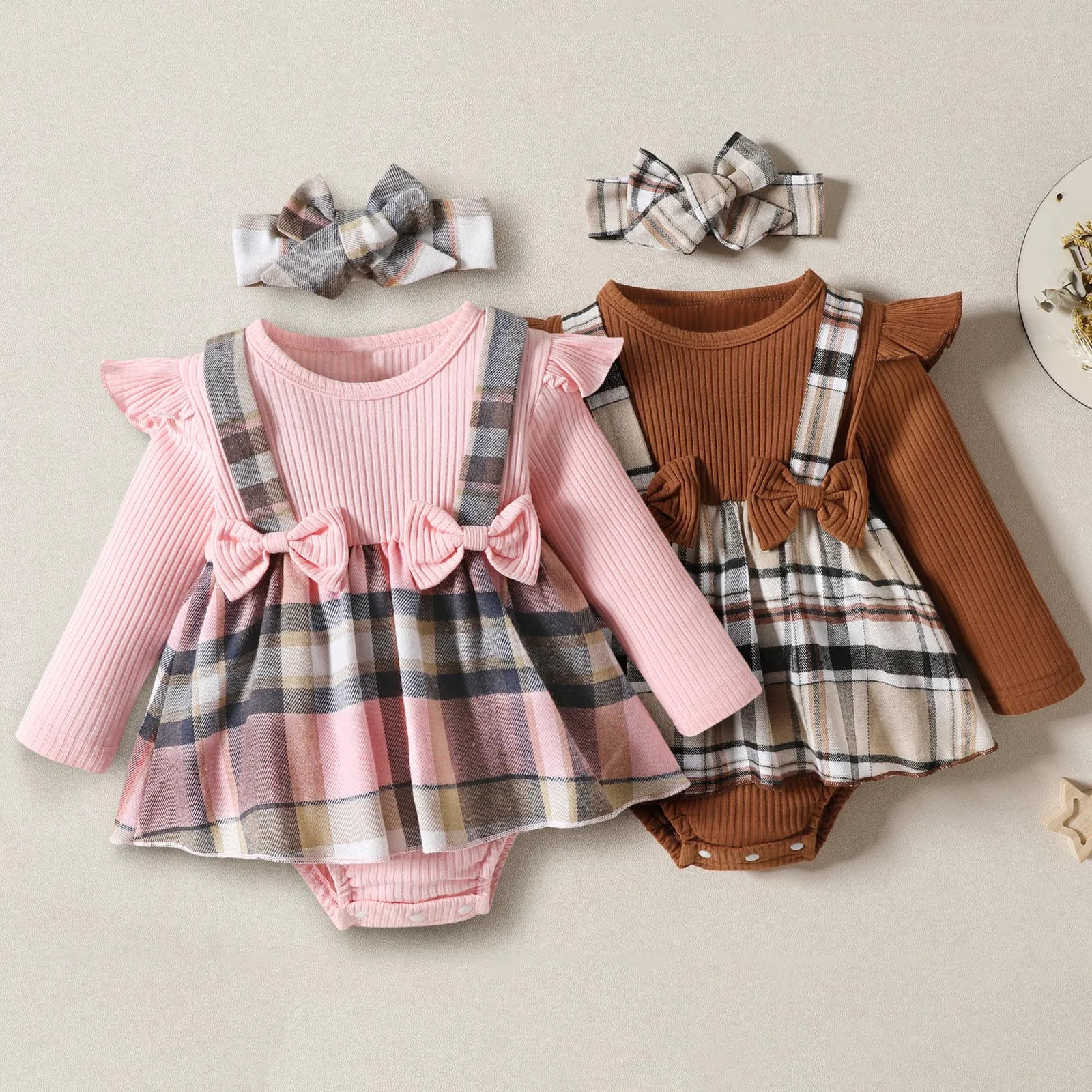 

Infant Girl Rompers Dress Plaid Ribbed Knit Ruffles Long Sleeve Skirt Hem Jumpsuits Newborn Clothes Baby Bodysuits with Headband