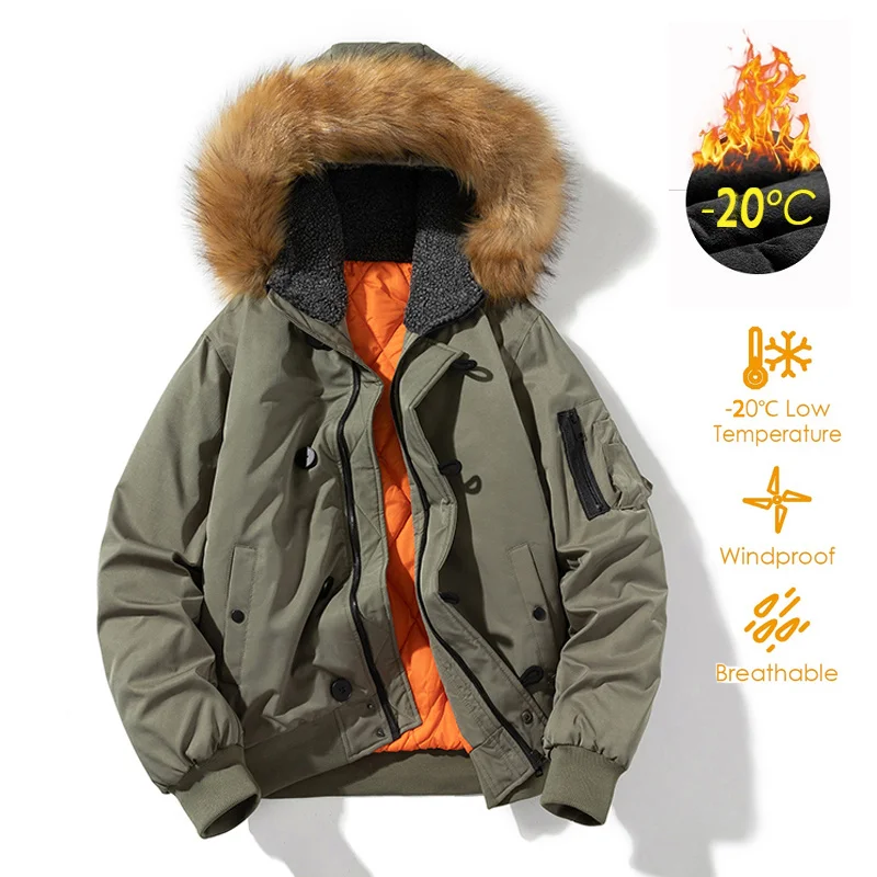 

Military Winter Bomber Jacket Men Windbreaker Hooded Fleece Trench Fur Collar Thick Warm N2B Outdoor Multi-Pocket Cotton Parka