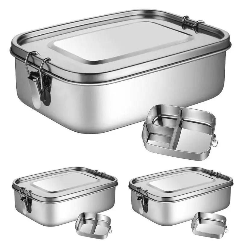 1/2/3 Grid 304 Stainless Steel Lunch Box Double Buckle Students Sealed Bento Box Dining Lunch Box Square Insulation Fresh Box