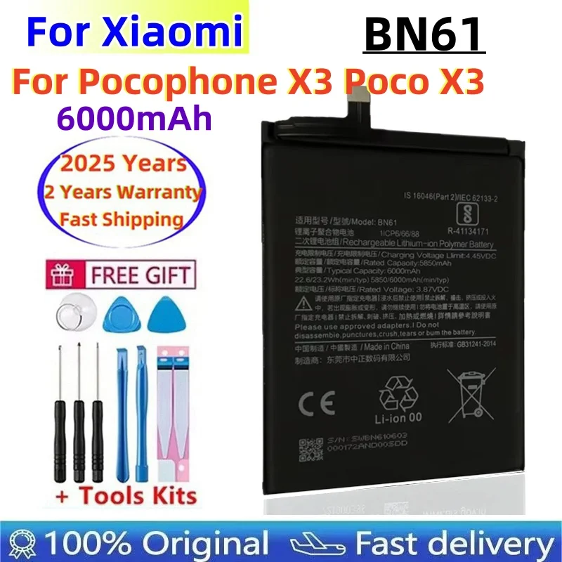 

2025 Years High Quality Original Battery BN61 For Xiaomi Poco X3 Pocophone X3 PocoX3 6000mAh Replacement Battery Fast Shipping