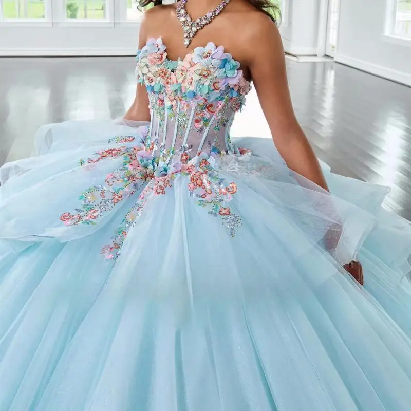 Mode Lichtroze Prinses Baljurk Quinceañera Jurken 3D Bloemen Pailletten Glitter Prom Party Voor 15e Meisjes Aangepast