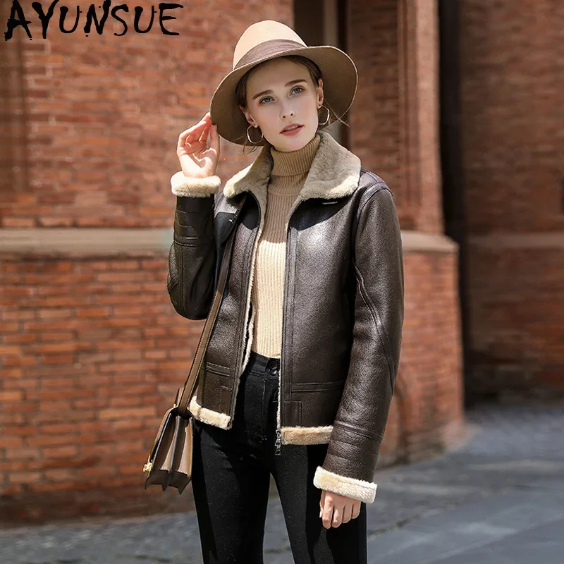 AYUNSUE Leather Jacket Natural Wool Fur Coat Winter Jacket Women Genuine Sheepskin Coat Female Streetwear Bomber Jackets MY4592