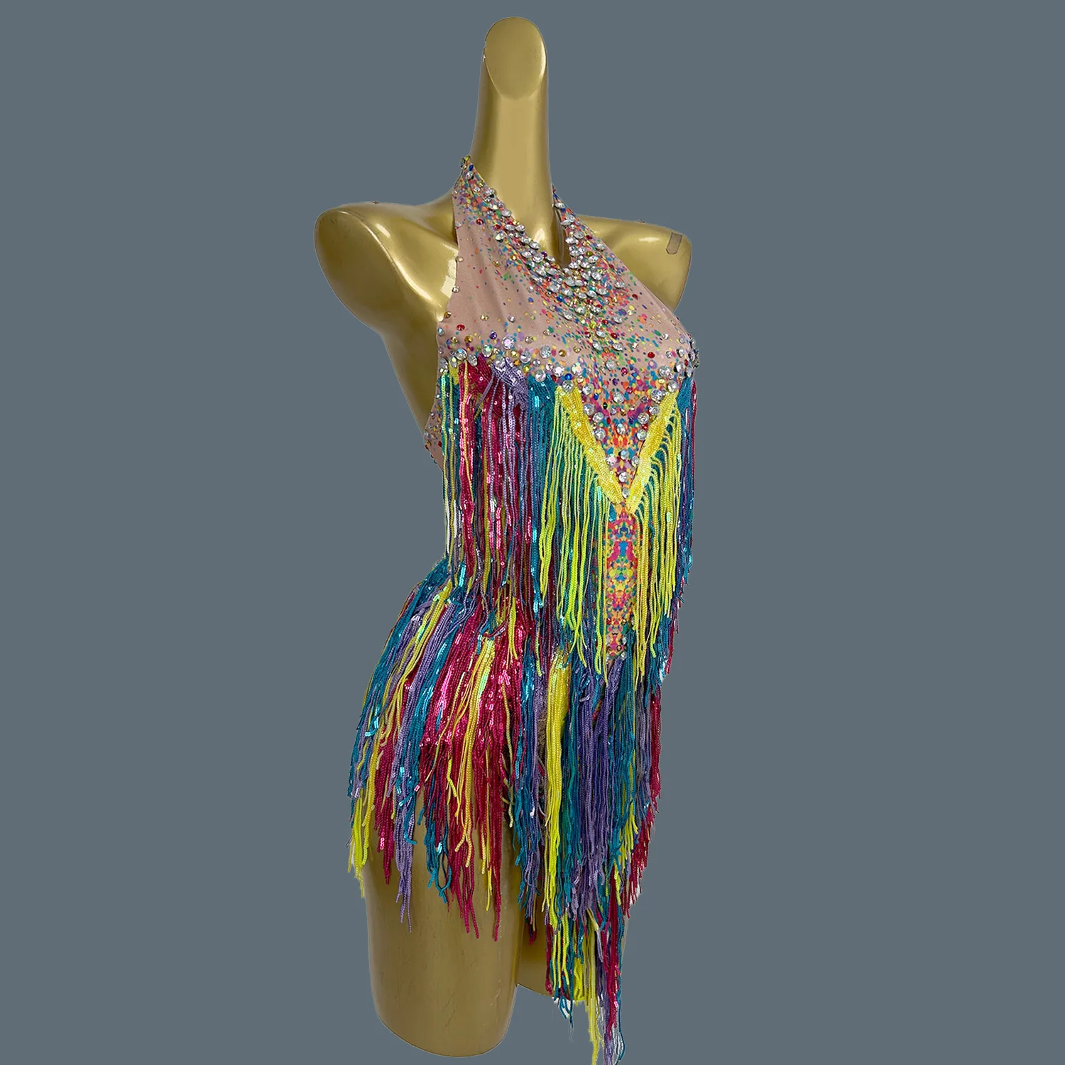 Colorful Tassel Sleeveless Bodysuit Streamer Theme Party Wear Hot Women Cheerleader Rhinestone Sequins Spandex Bodysuit Xinwucai