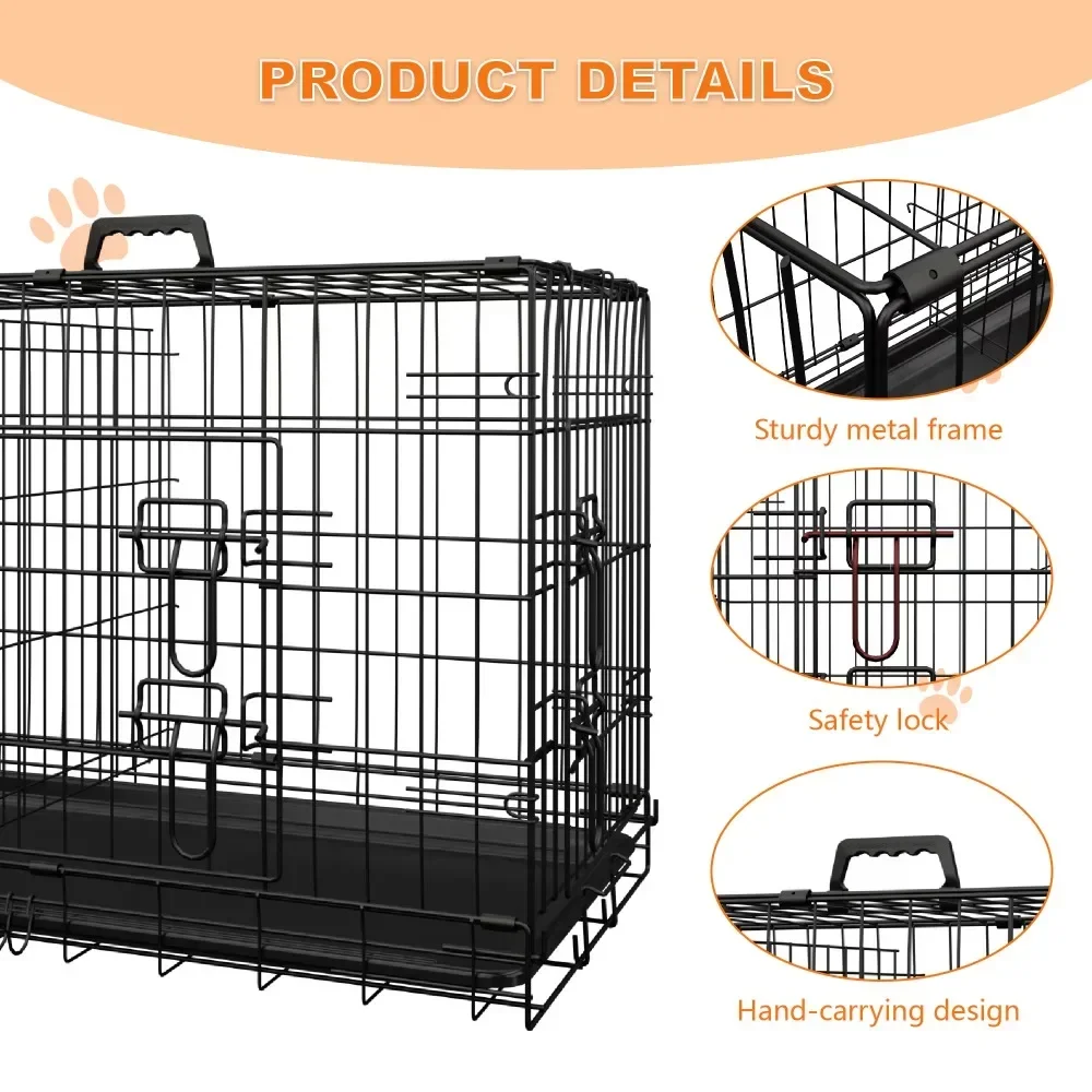 Dog Crate, 36 Inch Medium Dog Cage with Divider and Plastic Leak-Proof Pan Tray, Double Door Folding Metal Wire Cage