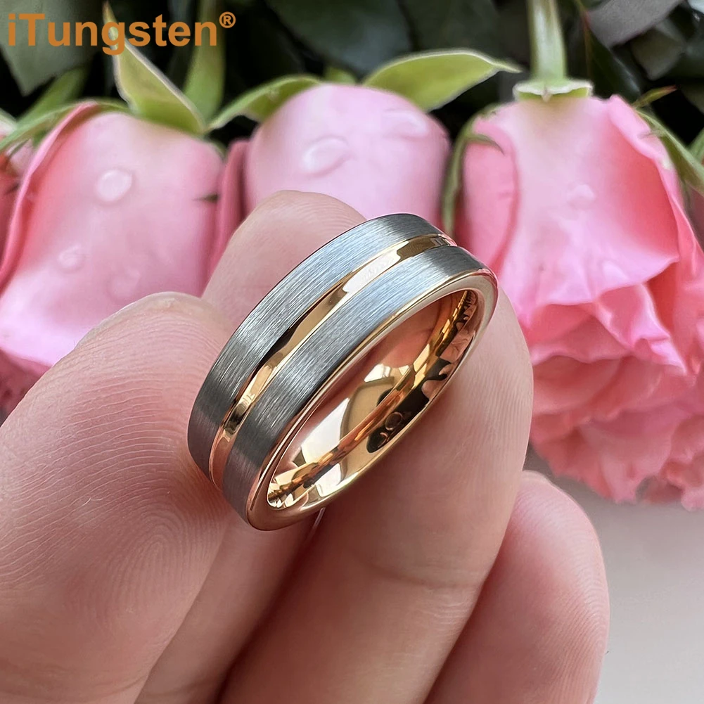 iTungsten 6mm Men Women Tungsten Carbide Ring Flat Band Center Groove With Brushed Finish Comfort Fit