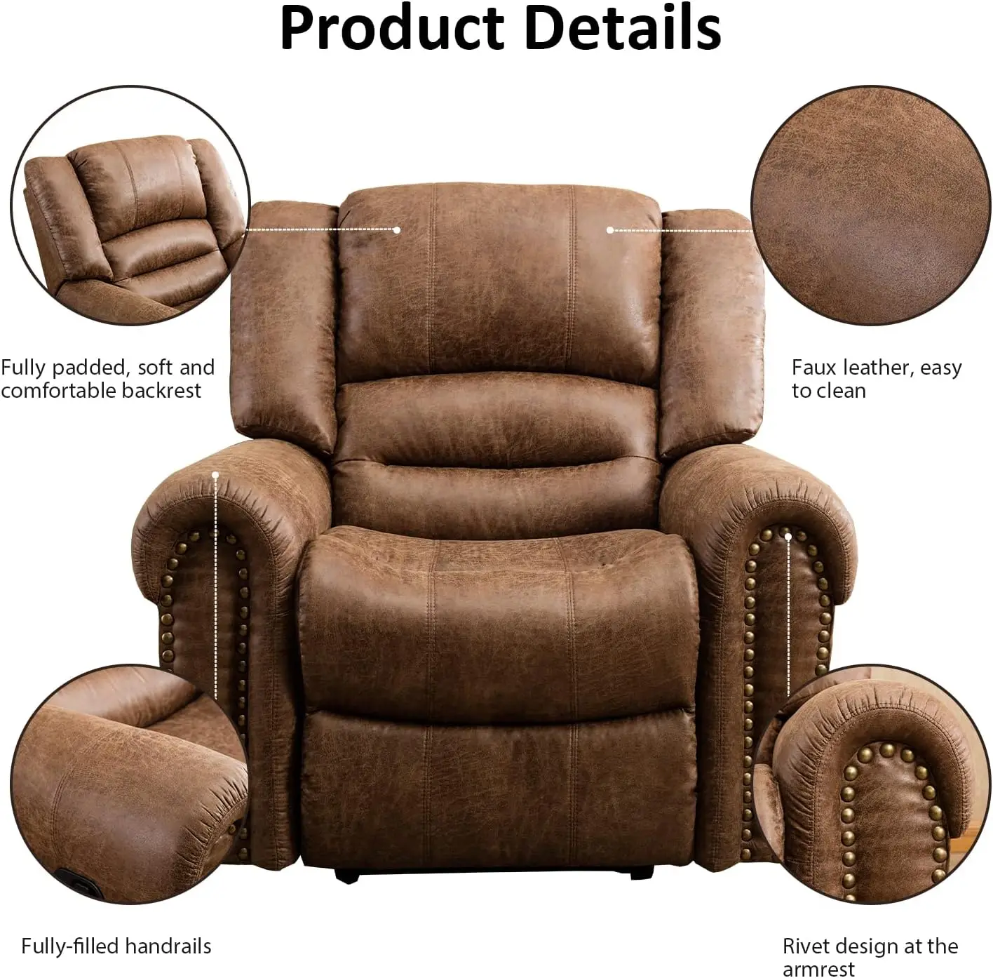 Manual Leather Recliner Chair, Classic and Traditional Recliner Chair with Comfortable Arms for Living Room