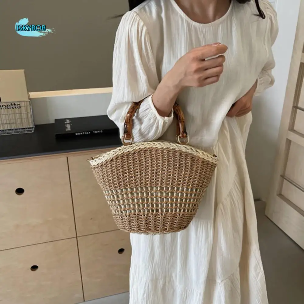 

Simple Sweet Weave Straw Bag Casual Large Capacity Beach Tote Bag Streetwear Summer Bucket Shoulder Bag Lady
