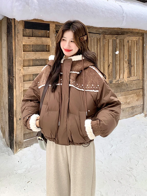 หมวกกันหนาวผู้หญิง รุ่น Thiened สีขาว บุขนเป็ด พร้อมเสื้อโค้ทหนัง ขนเฟอร์  แบบลำลอง ให้ความอบอุ่น