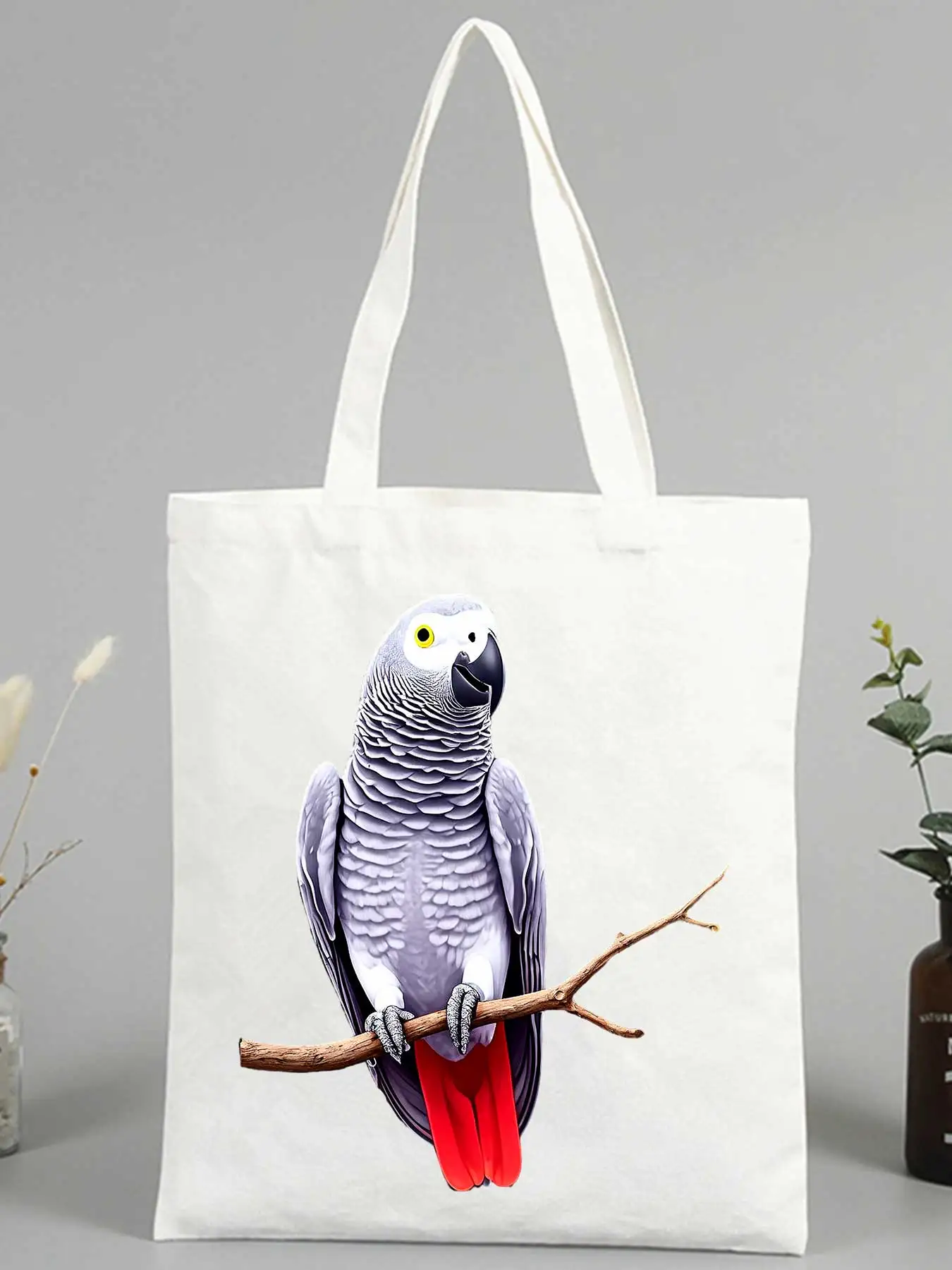 Women's African grey parrot print canvas tote bag, casual style for daily shopping and outings