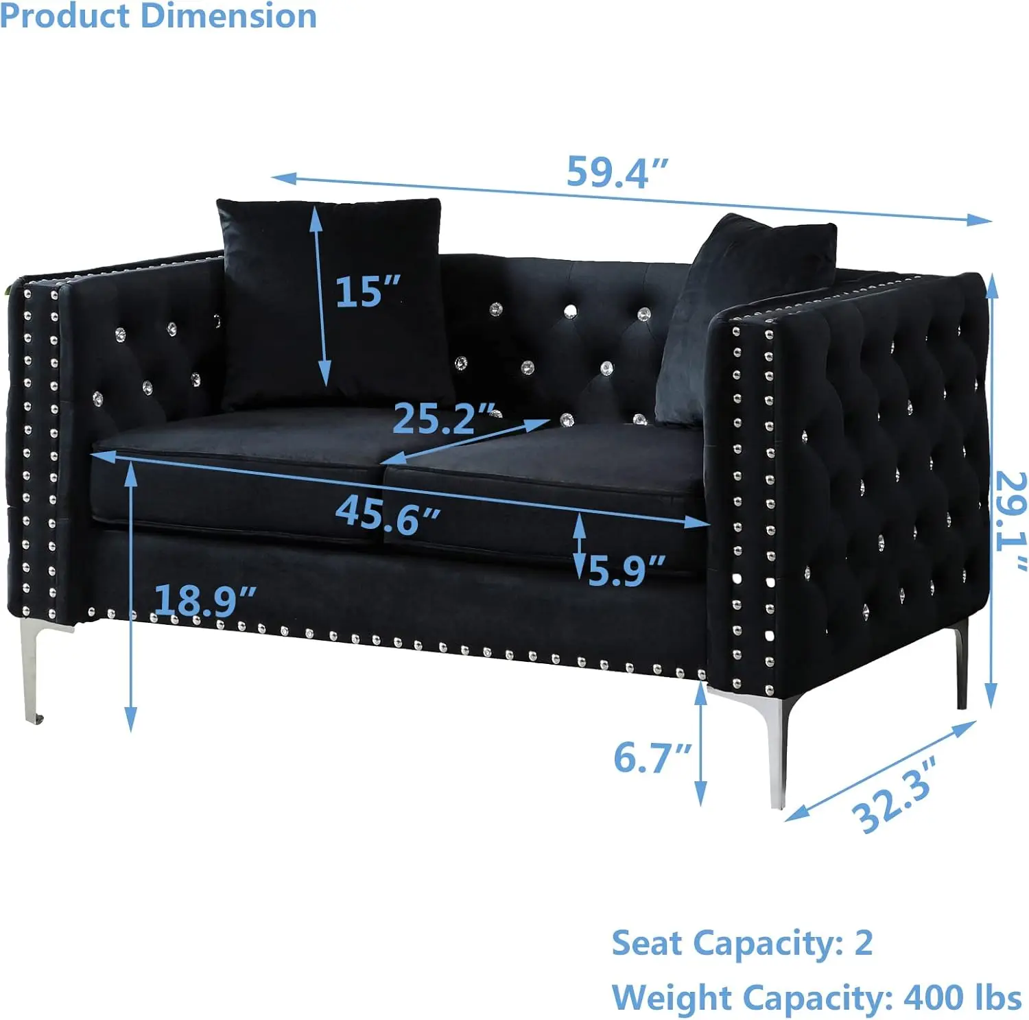 

Velvet Loveseat with Jeweled Buttons and Square Arms 59 Inch Tufted Sofa with Trimmed Nailhead