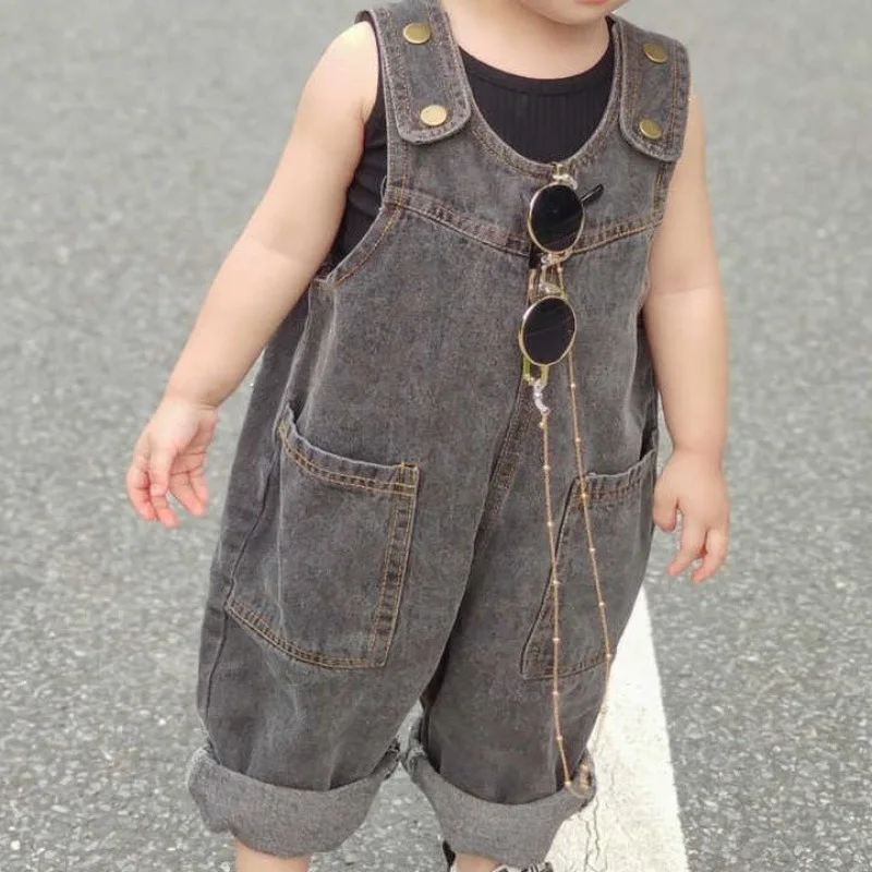 Spring Boys Girls Denim Strap Pants For Children Autumn  Baby Kids Jumpsuit Loose And Versatile With Handsome Pocket Splicing