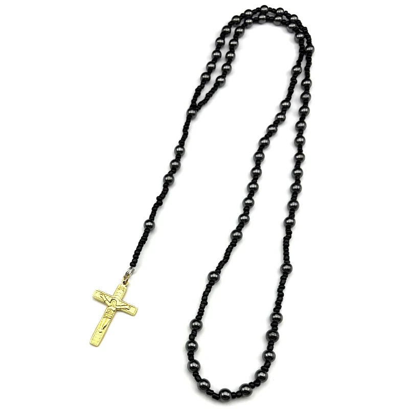 

Religious Jesus Cross Pendant Necklace Women Men Stainless Steel Gold Color Black Rosary Beaded Inri Crucifix Chain Jewelry
