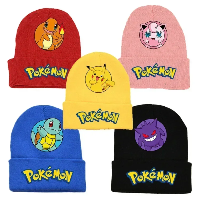 Pokemon Knitted Cap Headgear Pikachu Figure Winter Hat Cartoon Anime Skullies Beanies Boys Girls Bonnet Christmas Gifts