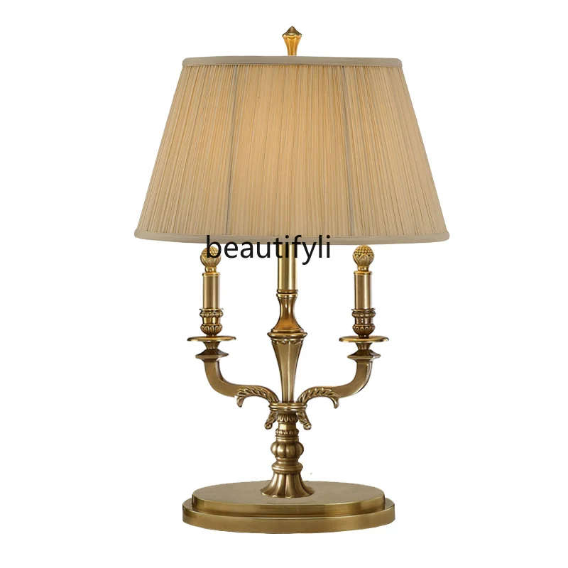 

LBX European-Style Retro Court Bedside Table Living Room American-Style Copper Table Lamp Neoclassical Study Lamp