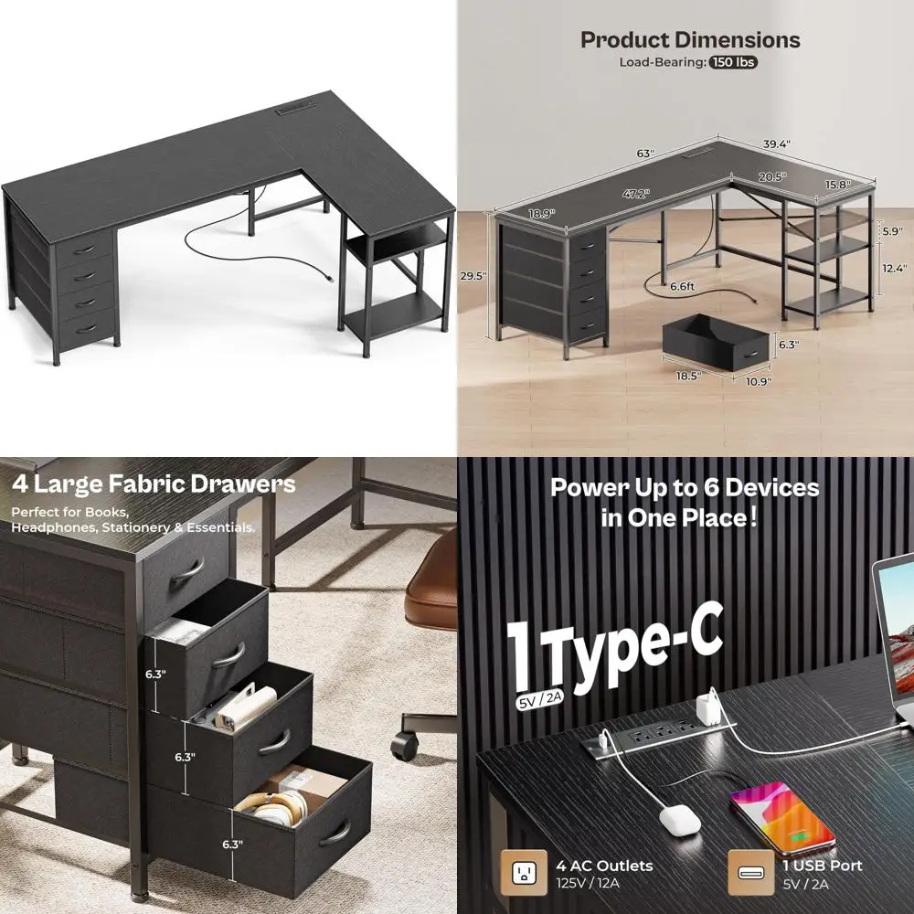 

63 L-Shaped Gaming Desk with Fabric Drawers, Reversible Design, Power Outlets, and USB-C Port