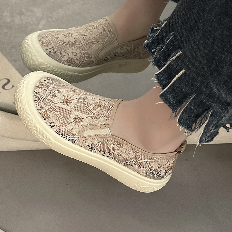 2024 Summer New Women Shoes Mesh Lace Woman Casual Shoes Sneakers Breathable Hollow Flat Loafers Slip-On Height Increase Shoes