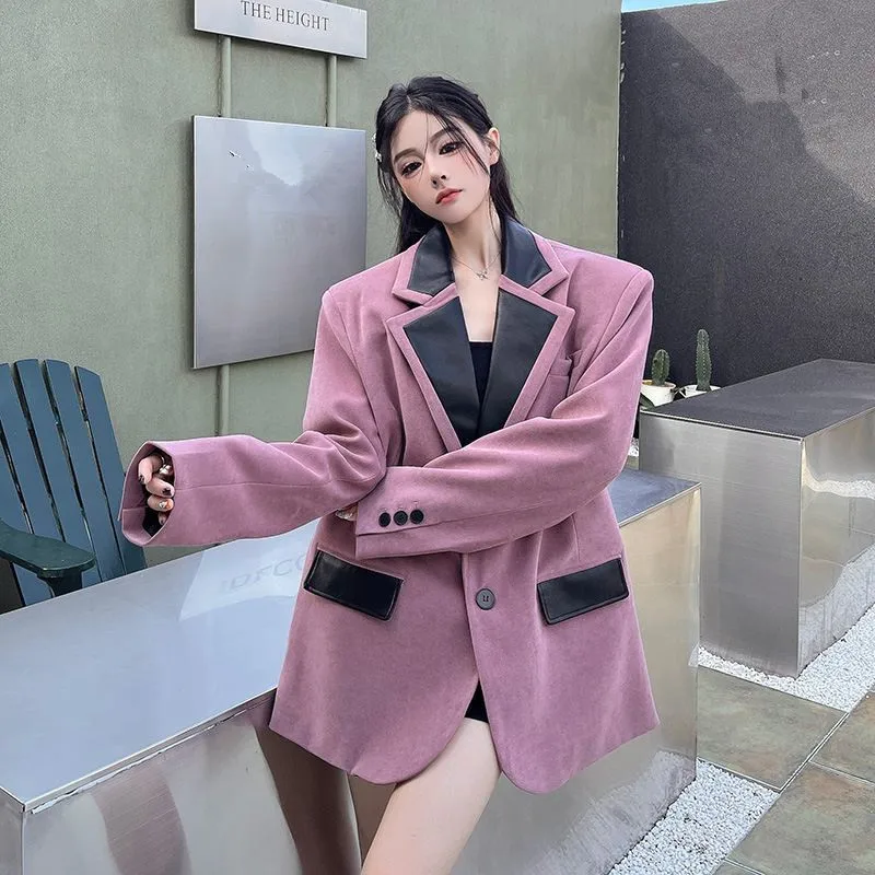 Primavera outono nova casual couro do plutônio emenda terno jaqueta feminina moda couros blazer casaco feminino solto outerwear maré b1320