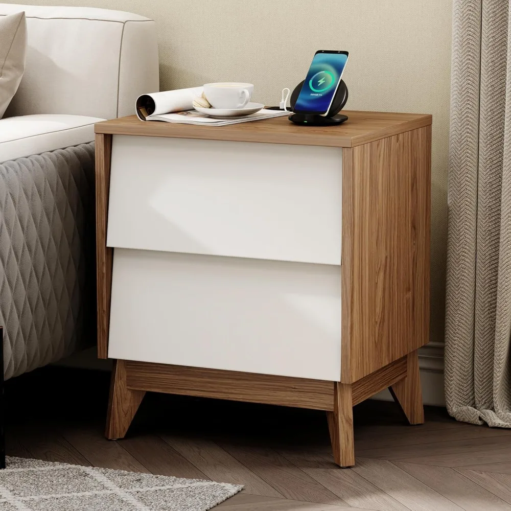 Nightstand Set of 2, Side Tables with Type-C Charging Station & 2 Sleek Angled Drawers, Nightstand