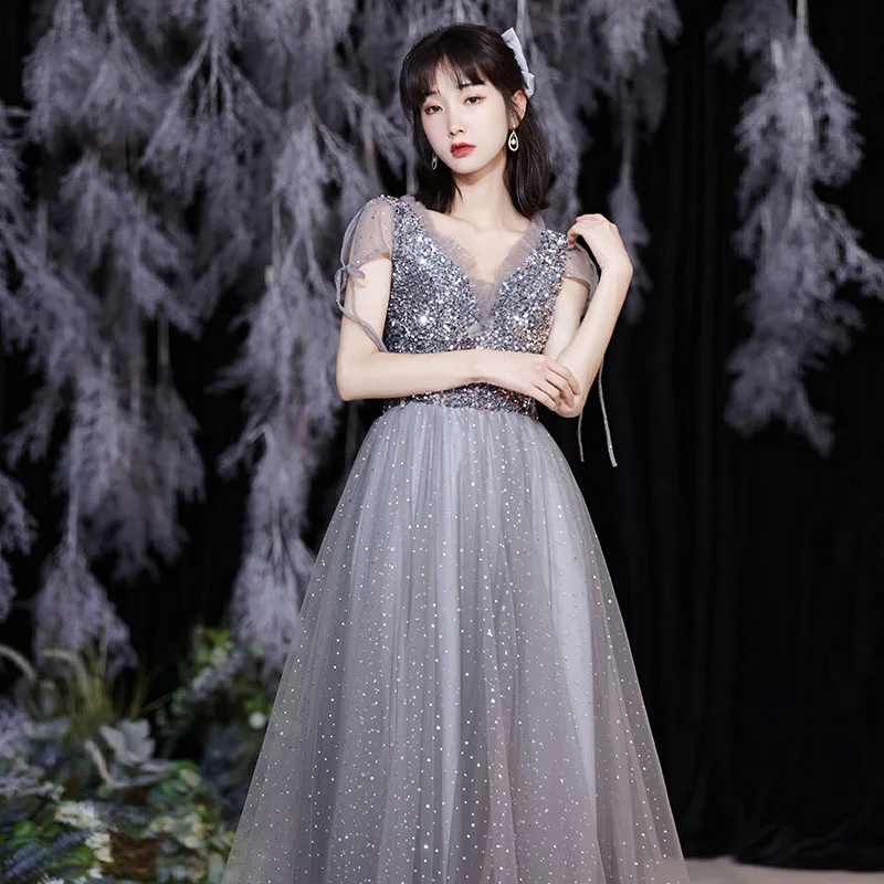 Grey Bridesmaid Evening Dress Women Off Shoulder Sequins Wedding Party Vestidos Fairy Temperament Sisters Group Gown Summer