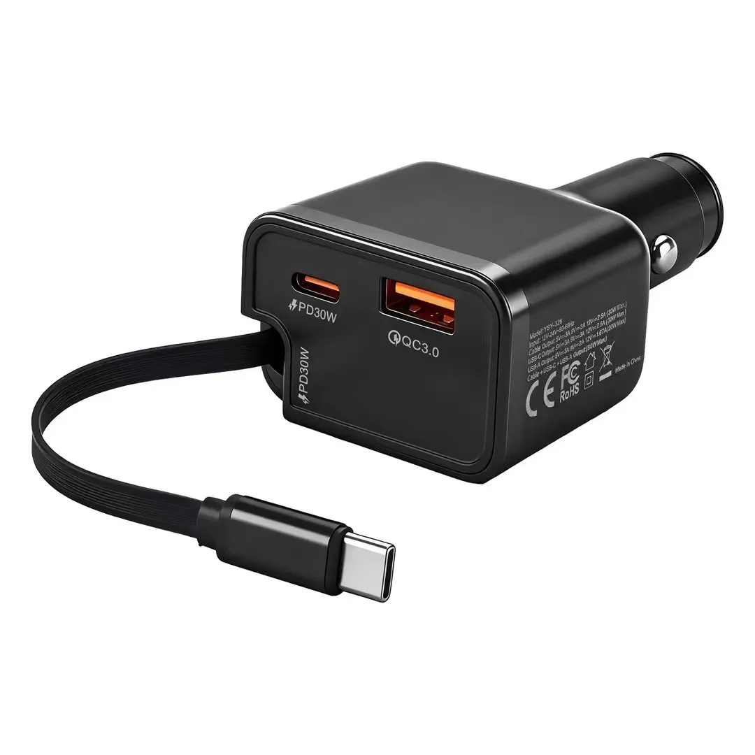 

80W Stretchable TYPEC+USB+TYPEC Car Charger Universal Mobile Phone Tablet Laptop Charging Adapter High Power Vehicle Charger
