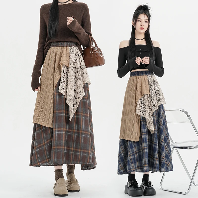 Irregular Splicing Contrast Checkered Skirt for Women 2025 New High Waisted A-line Large Swing Skirts