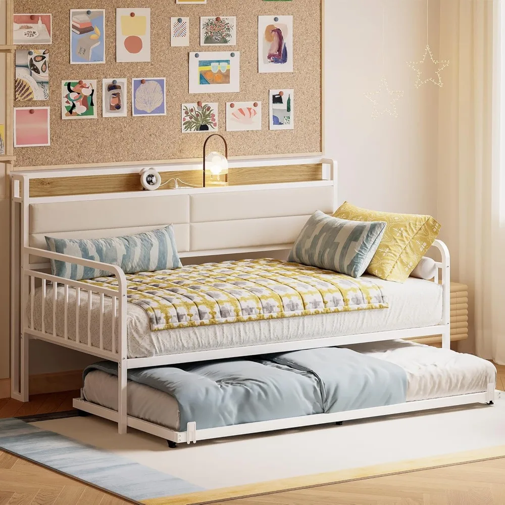 Tempat Tidur Daybed dengan Trundle, Rangka Tempat Tidur Twin XL dari Logam Kokoh dengan Sandaran Kepala Berlapis dan Stasiun Pengisian Daya untuk Ruang Tamu