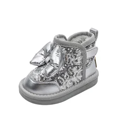 Dziecięce buty śniegowe 2024 nowe zimowe buty dziecięce motylkowy węzeł Bling Bling ciepłe pluszowe modne buty księżniczki dziewczęce ue 21-30