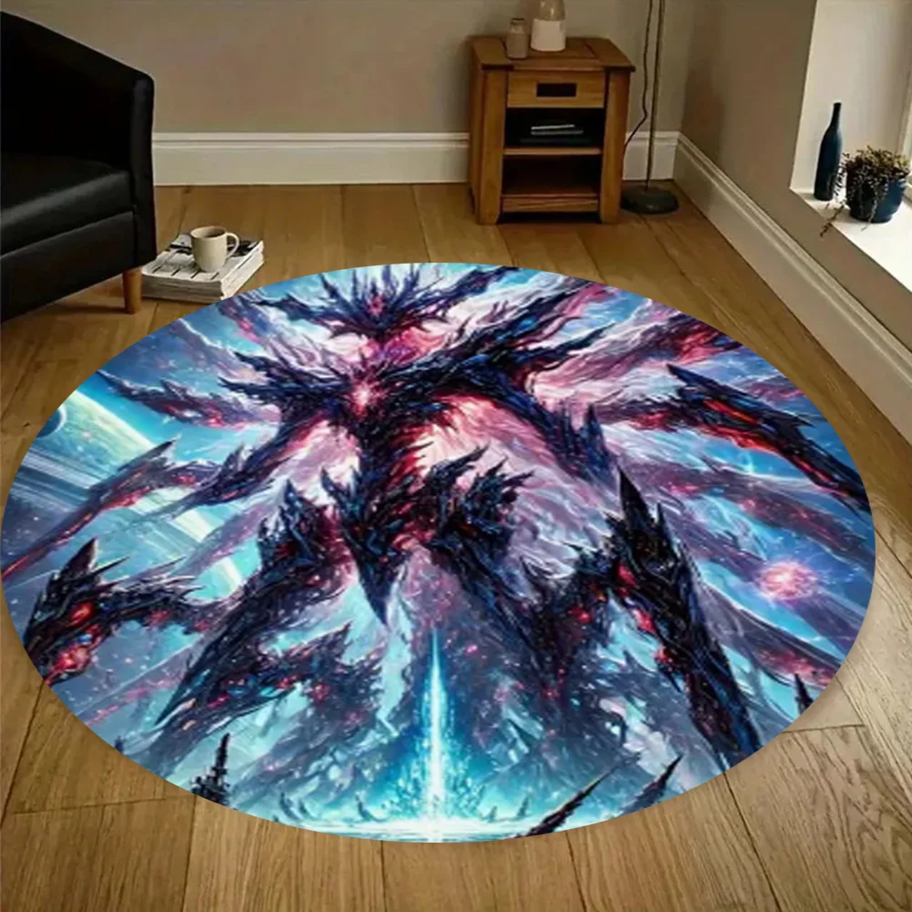 Cosmic Monster Round Rug Flannel Sci Fi Fantasy Floor Mat Gaming Room Decor Alien Creature Galaxy Background Soft Carpet