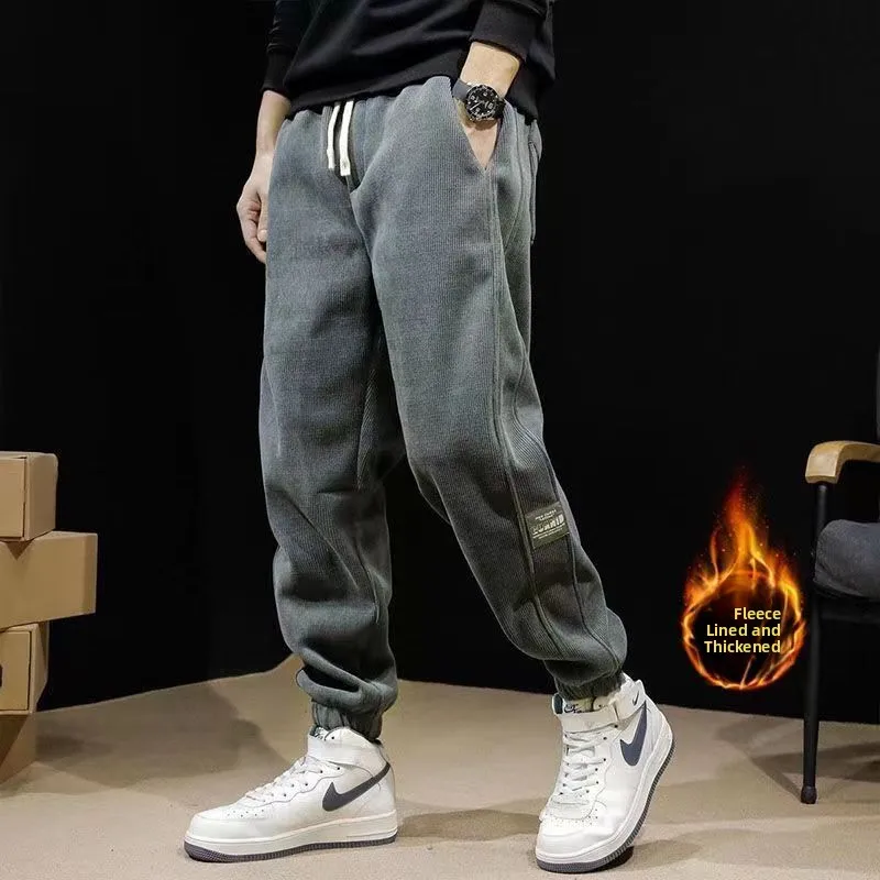 Men's Casual Corduroy Work Pants Autumn Winter Construction Site Wear Resistant Dirty Proof Loose Fit Cuffed Long Trousers