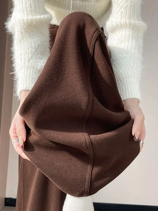 

Женские повседневные брюки с высокой талией, на флисовой подкладке, широкие прямые брюки, осенне-зимняя новинка, моделирующие фигуру, с эффектом утяжки