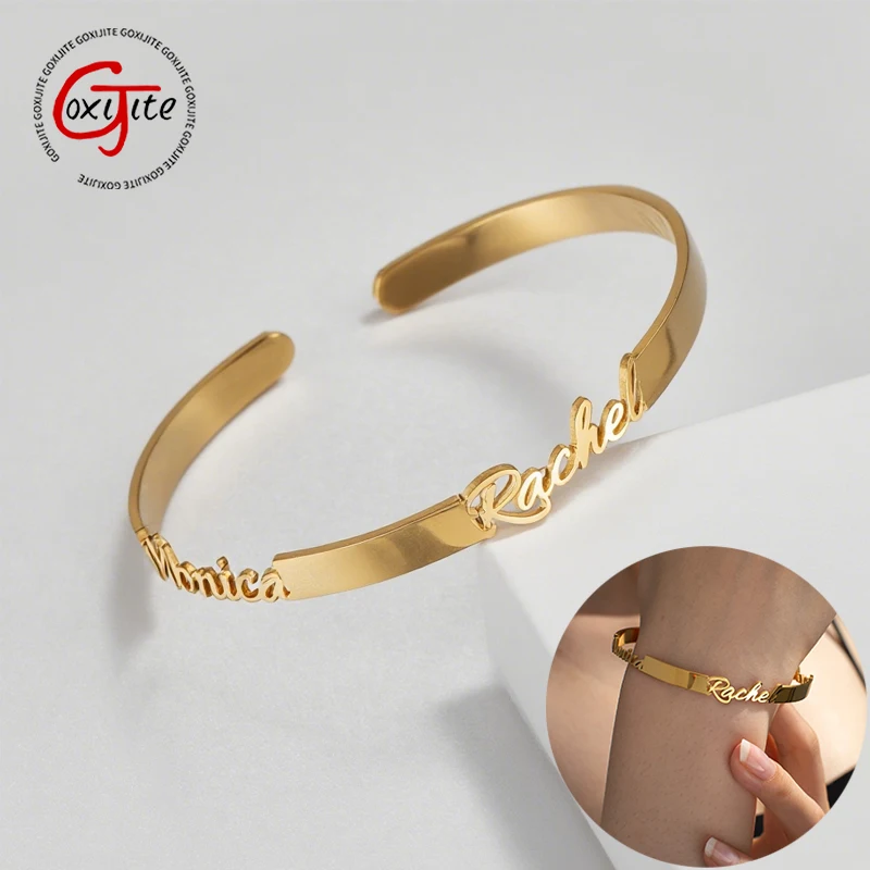 Goxijite Customized 6mm Opening Bracelet Personalized Name For Women Girls Stainless Steel Customized Date Bracelet Jewelry Gift