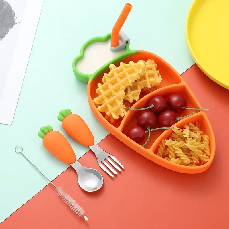 Plato de cena de silicona para niños, cuenco de zanahoria, tenedor de acero inoxidable 304, juego de vajilla, plato de comida suplementaria de comida para bebés