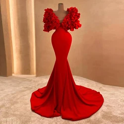 Elegant Red Mermaid Evening Dresses with 3D Rose Flowers Cape Sleeves Deep V Neck Stretch Satin Formal Party Dresses Prom Gown