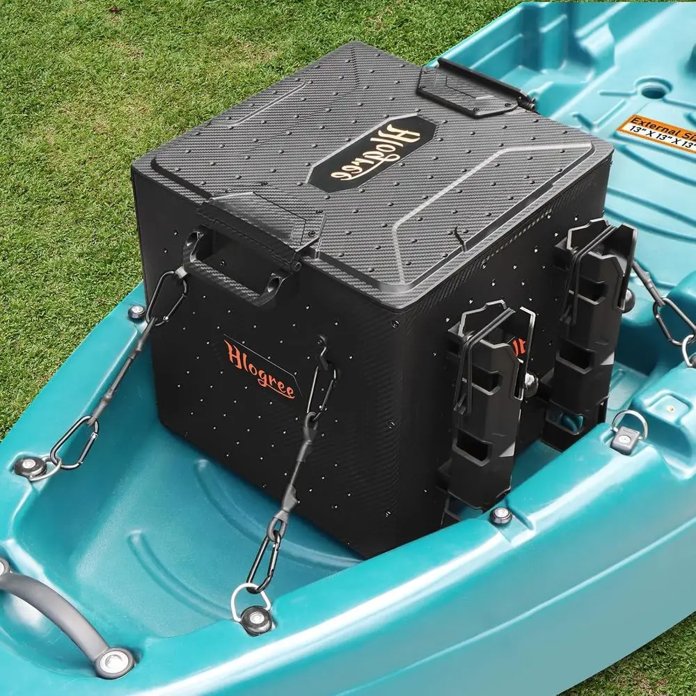 

Compact 13x13x13 Tackle Storage Box with 4 Rod Holders, Lockable Lid, DIY & Lightweight Black Organizer