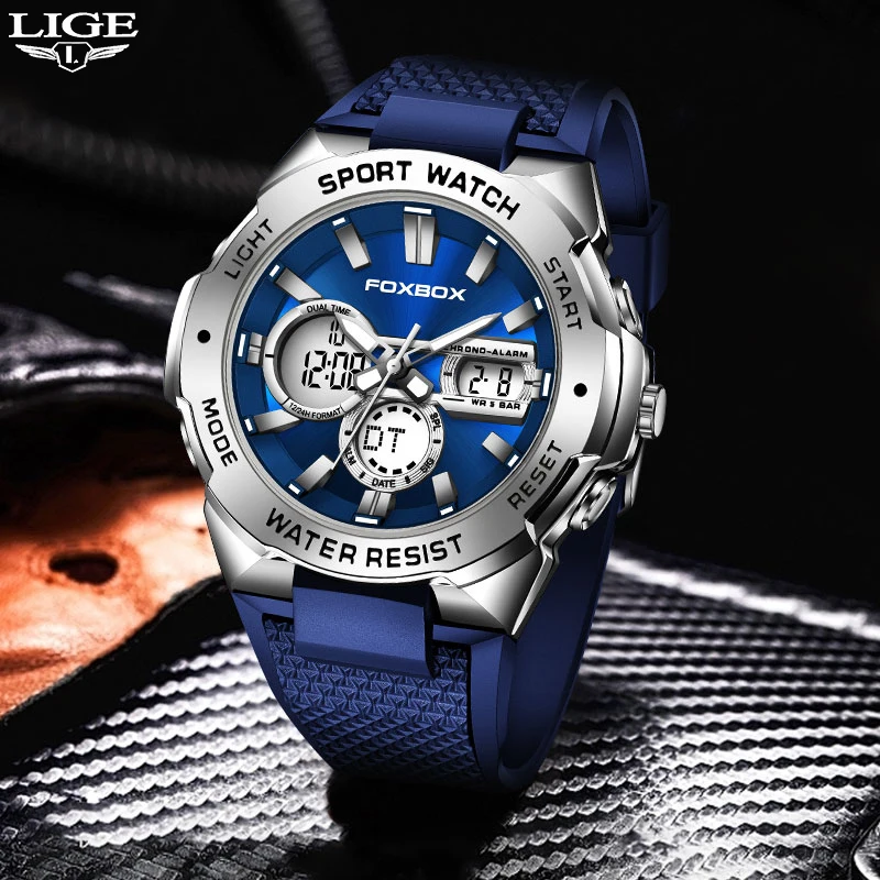 

2023 LIGE Original Watches For Men Luxury Brand Quartz Dual Display Military Sports Wrist Watch Silicone Strap Waterproof Clock