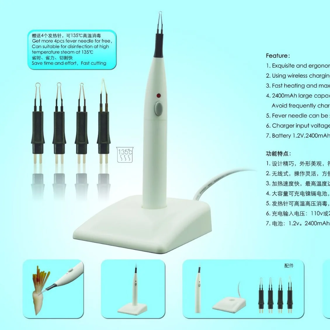 

Professional Dental Thermo Pen with 4 Heating Tips Cutter Oral Filling Heating Tool 135℃ High Temp Sterilizable for Dentist