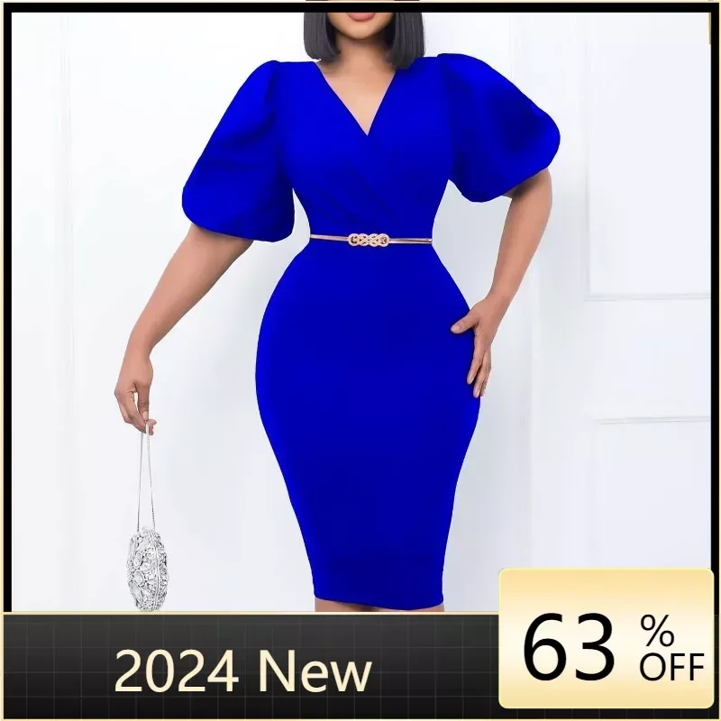 

Plus Size Summer New Bubble Sleeves V-Neck Style Commuting Bag Hip Paired With Belt Slim Fit Dress Plus Size Women'S Dress