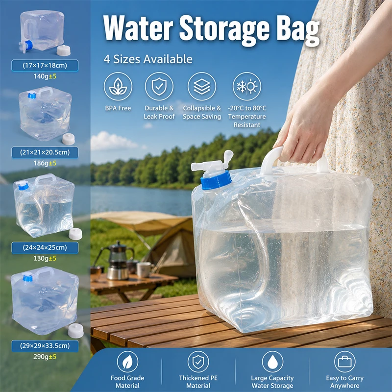 

Portable Collapsible Water Container Bag 5L-20L Foldable Plastic Water Tank With Tap Spigot For Outdoor Camping Car Emergency