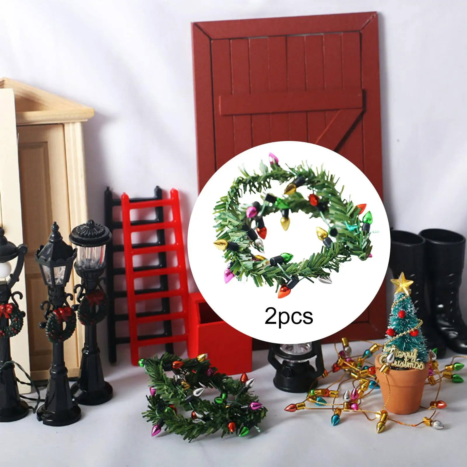 2 stuks 1:12 kerstverlichting strepen, huis landschap speelgoed, slaapkamer mini kerstslinger krans model ornamenten