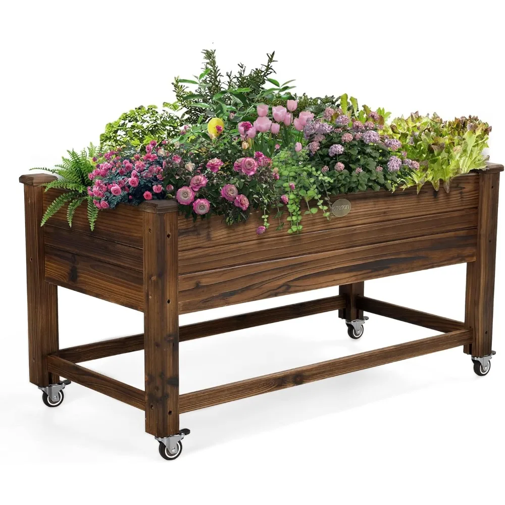 flower bed is made of high-quality cedar  Outdoor Raised Garden Bed Planter Locking Wheels, 41x21x20 inch, Carbonization Color