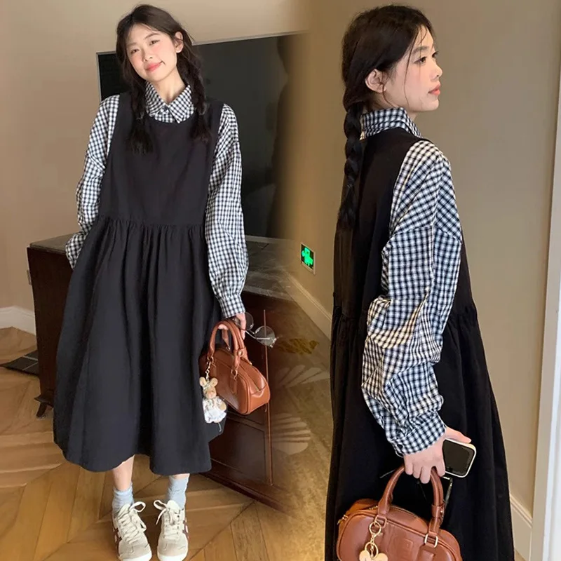 

2025 Chic Pregnancy Outfit Autumn Plaid Shirt with Sleeveless Dress Trendy Maternity Two Piece Set Stylish Comfortable